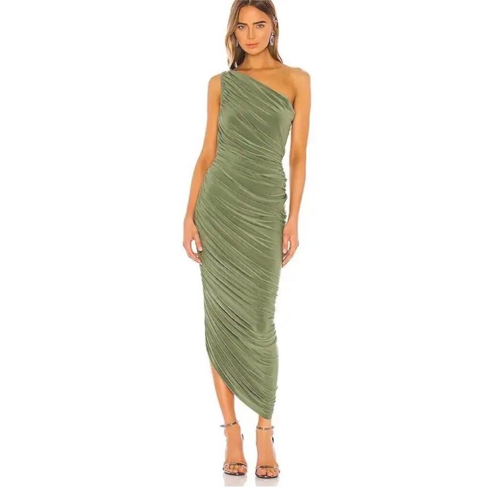 Normal Kamali Diana Gown: One-Shoulder Olive Green Ruched Midi Dress